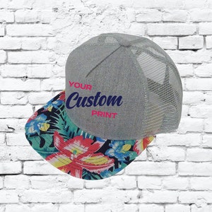 Custom Embroidery Hawaiian Trucker Hat Heather Grey Snapback Flat Bill with Mesh Back