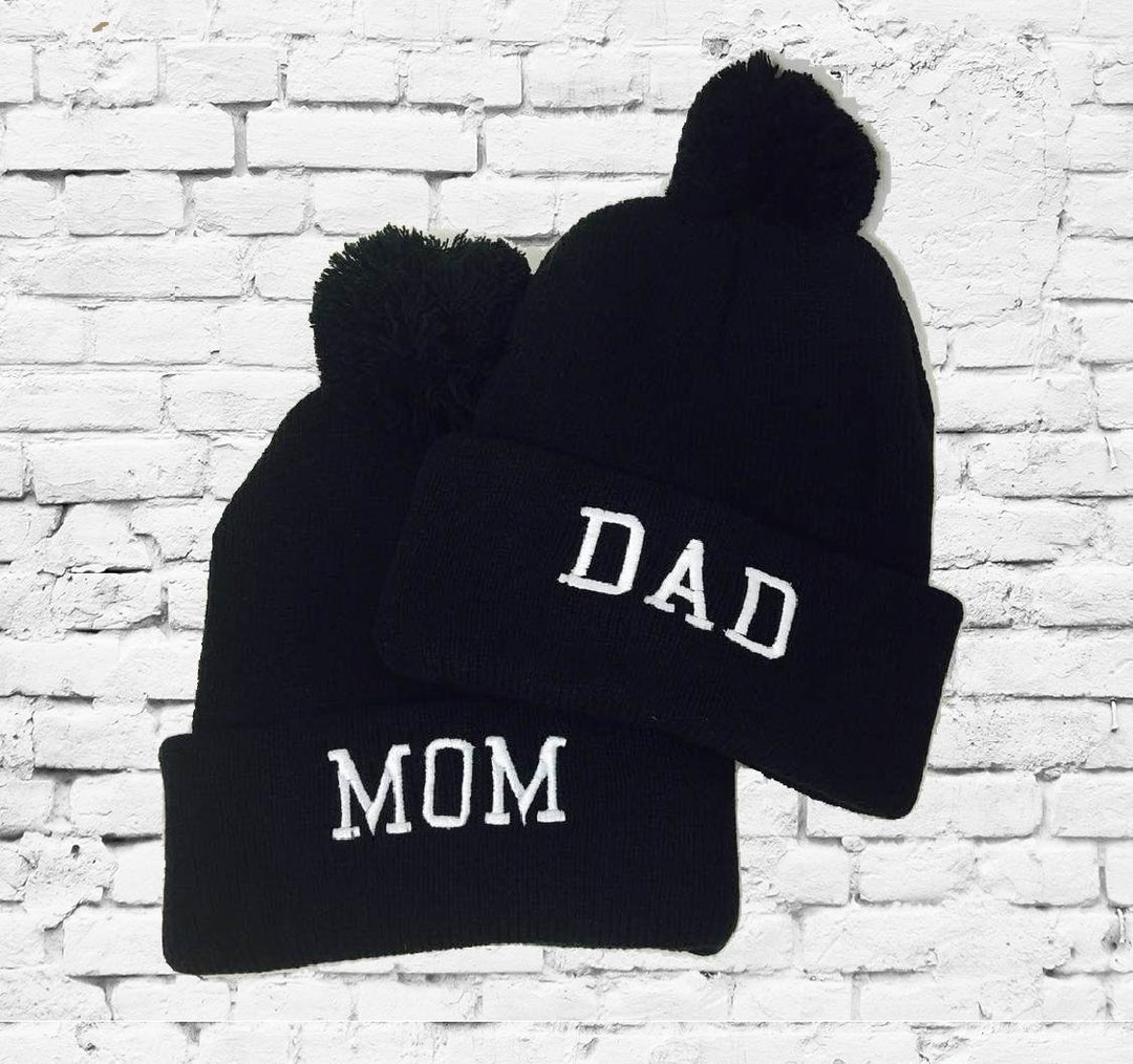 Mom & Dad Knit Hats Gift or Baby Announcement Pom Pom Beanies Knit Hats ...