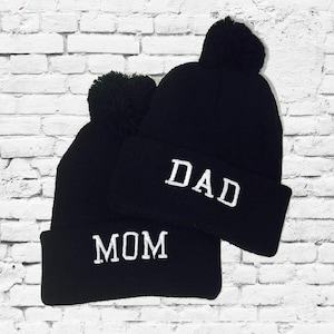 Mom & Dad Knit Hats Gift or Baby Announcement Pom Pom Beanies Knit Hats Couples Hats Funny Hats