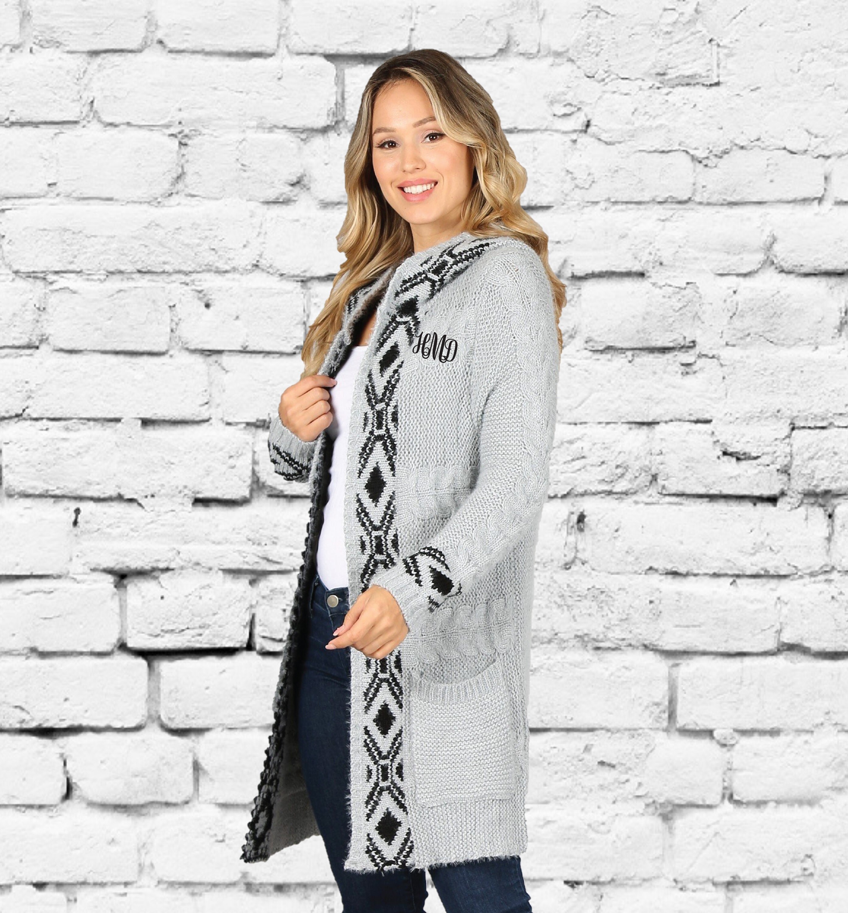 Monogram Cozy Casual Aztec Cardigan Grey and Black Hooded Knit - Etsy Israel