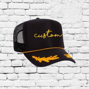 Custom Nautical Trucker Hats, Black Gold Captain Hat, Yacht Foam Trucker Hat, Personalized Crew Hats with Oak Leaves