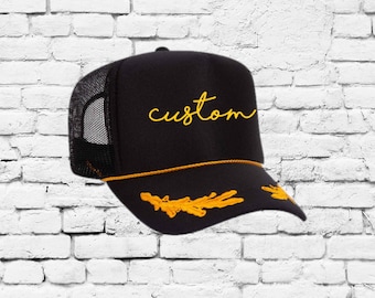 Custom Nautical Trucker Hats, Black Gold Captain Hat, Yacht Foam Trucker Hat, Personalized Crew Hats with Oak Leaves