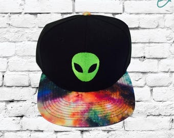 Alien Embroidery Galaxy Flat bill Hat, Custom Embroidery Hats, Multicolor Brim, Personalized Snapback Hats, Outer space Aliens Hat