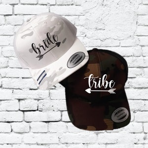 Bride Tribe Baseball Hats Trucker Camo White and Green Camouflage Country Wedding Funny Bachelorette Caps