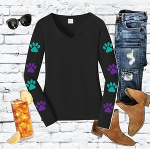 Paw Print Sleeves Shirt Ladies Long Sleeve Dog Lover V-Neck Tee with Relaxed Fit Sleeves Jersey Knit Top