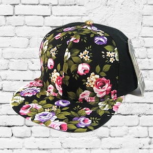 Custom Embroidery Floral Snapback Pink and White Rose Brim Black Hat Custom Snapback Flower Allover