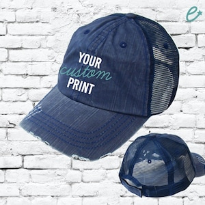 Custom Embroidery Vintage Denim Trucker Hat Mesh Back Snapback Distressed Blue Jean Brim Black Hat Adjustable Custom Mega Cap 6990