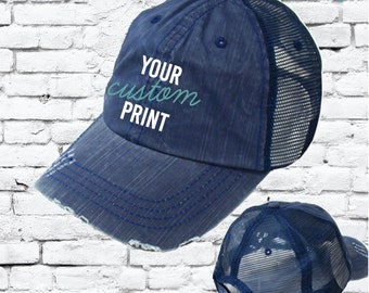 Bordado personalizado Vintage Denim Trucker Hat Mesh Back Snapback desgastado azul Jean Brim negro sombrero ajustable personalizado Mega Cap 6990