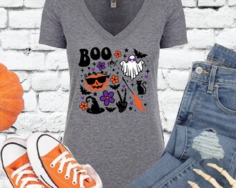 Maglietta di Halloween Boo Ghost Pumpkin Black Cat and Bats Doodle Autumn Print T-shirt aderente da donna con scollo a V