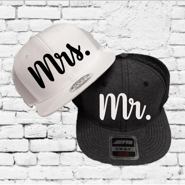 Mr. and Mrs. Trucker Hats Black Heather Chambray and White Snapback Wedding Hat Honeymoon Bridal Shower Gift Bride Groom Announcement