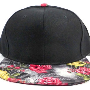 Custom Embroidery Floral Snapback Red and Yellow Rose Brim Black Hat Custom Snapback