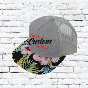 Hawaiian Trucker Hat Custom Embroidery Black and Red Floral Your Print Mesh Back