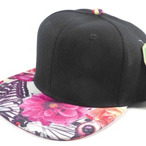 Custom Embroidery Hat Pink Rose Floral Snapback Black Cap with Butterfly Hat