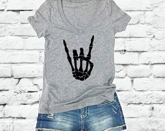 Rock On Skeleton Hand Tee Women's V-Neck T-shirt Skull Hand Tee Custom Shirt Drinking Graphic Fitted Tee