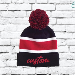 Personalized Pom Pom Beanies Throwback Beanie Skull Cap Custom Red and Black Stripe Knit Hats