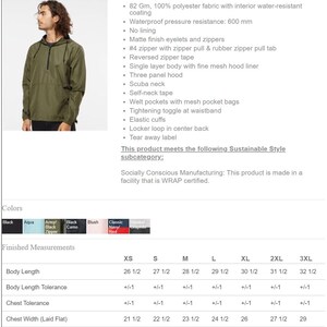 May include: A green hooded sweatshirt with zipper closure. The sweatshirt has a zipper pull tab and a mesh hood liner. The size chart shows measurements in inches for XS, S, M, L, XL, 2XL, and 3XL.