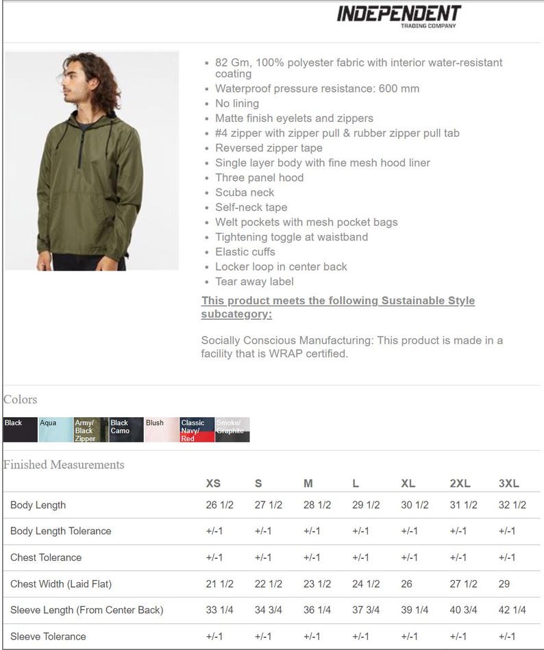 May include: A green hooded sweatshirt with zipper closure. The sweatshirt has a zipper pull tab and a mesh hood liner. The size chart shows measurements in inches for XS, S, M, L, XL, 2XL, and 3XL.