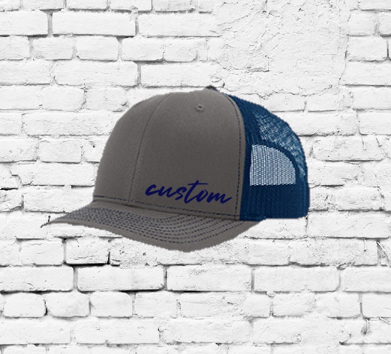 Custom Embroidery Trucker Hat Charcoal Grey and Navy Richardson 112 Your Custom Print Mesh Back Trucker Hat