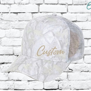 Bestickte Trucker Hats, Woodland Beige Camo Twill Hut, Weiß Camo Snapback, Camouflage Krempe mit verstellbarem Rücken