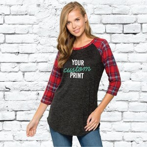 Custom Plaid Long Sleeve, Personalized Baseball Tee, Christmas Shirt, Holiday Raglan Sleeve, 3/4 Length Sleeves, T6979