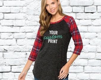 Women's Holiday Plaid Deer Patch Graphic Long Sleeve Raglan Top Tee Shirt 