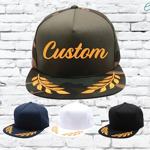 Custom Embroidery Hats, Nautical Gold Leaves, Camo Navy or White ,Personalized Captain Hat, Flatbill Leaf Brim Snapback
