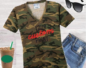 Custom Women's Camo V-Neck T-shirt Custom Shirt Custom Personalized Relaxed Fit Tee