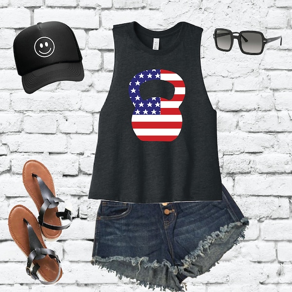 Flag Kettle Bell Workout Crop Tank Racerback Cropped Soft Fitted Tank Custom Tank Top