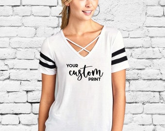 Custom Women's V-neck T-shirt Criss Cross Neck Line Ladies Shirt