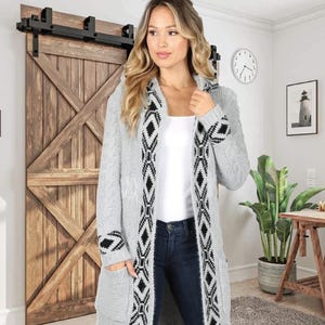 The Montana Aztec Grey Print Sweater, Cozy Casual Aztec Cardigan, Grey and Black Hooded Knit Jacket, Open Front Cardigan
