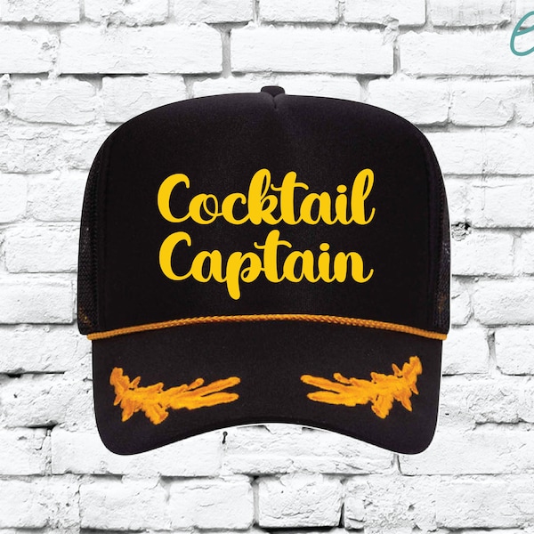 Cocktail Captain Hat Black and Yellow Trucker Hat Nautical Gold Hat Yacht Sailor Oak Leaves Adjustable Snapback Mesh Hat