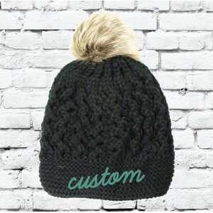 Custom Pom Pom Beanies Black Small Cable and Brioche Knit Hats Monogram Hats Custom Embroidery Hats
