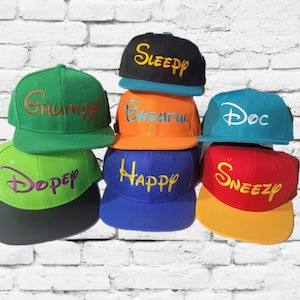 Youth Seven Dwarf Hats Custom Embroidery Snapbacks 7 Dwarfs Hats Your Color Choice