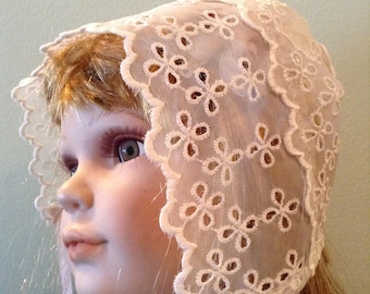 Lace baby hat; White eyelet organdy lace Baby bonnet; Semi-sheer ultralight eyelet Sunbonnet; Baby Christening / Baptism hat; Handmade