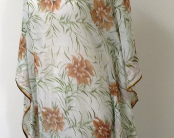 Kaftan; semi-sheer cotton voile long tunic; Lightweight, White-Brown-Green Breezy Poncho; Beach, Pool Blouse dress;  Handmade