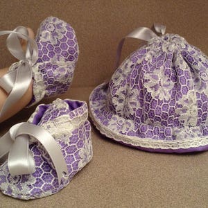 Lace booties for newborn baby girl or Baby girl Panama hat; Girls 6-24 months Purple Panama hat; Sunbonnet handmade gift idea
