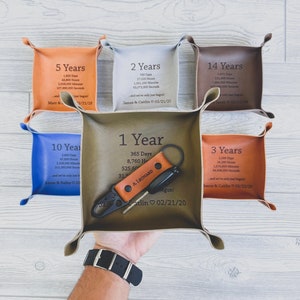 Peut inclure: Six plateaux en cuir de différentes couleurs avec du texte gravé. Le texte comprend le nombre d'années, de jours, d'heures, de minutes et de secondes dans une année. Les plateaux sont disposés en cercle avec un porte-clés au centre.