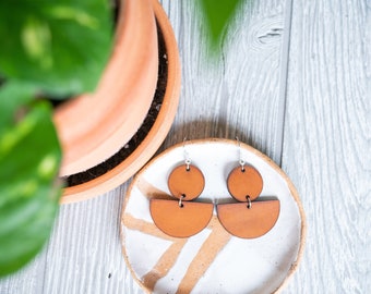 Leather Earrings, Geometric Earrings, Rust, Clay, Tan, Brown, Summer Jewelry