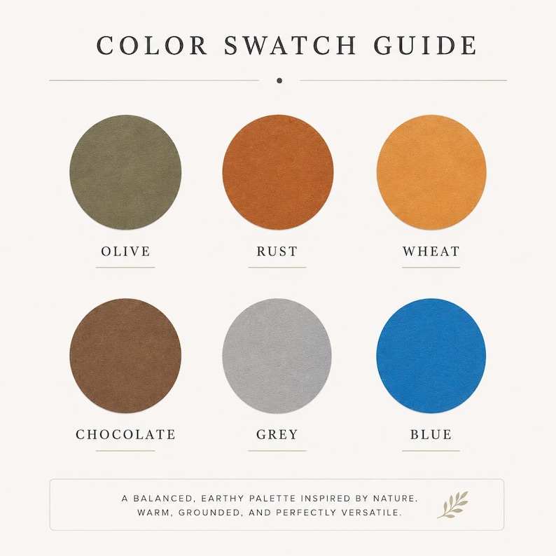 The image is a color swatch guide that provides a visual representation of six different color palettes, each representing a different color: olive, rust, wheat, chocolate, grey, and blue. The guide is designed to help users understand how these colors can be used in their design or fashion choices, and it is presented in a balanced, earthy palette inspired by nature.