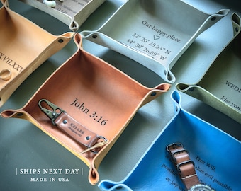 Personalized Leather Catchall Tray - Custom Engraved Gift for Him, Handmade in the USA