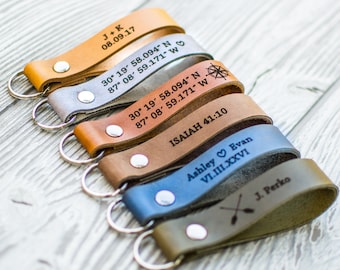 Personalized Leather Keychain. Custom Leather Keychain. Monogrammed Leather Keychain. Handmade in USA. Coordinates fob. Engraved Keychain.