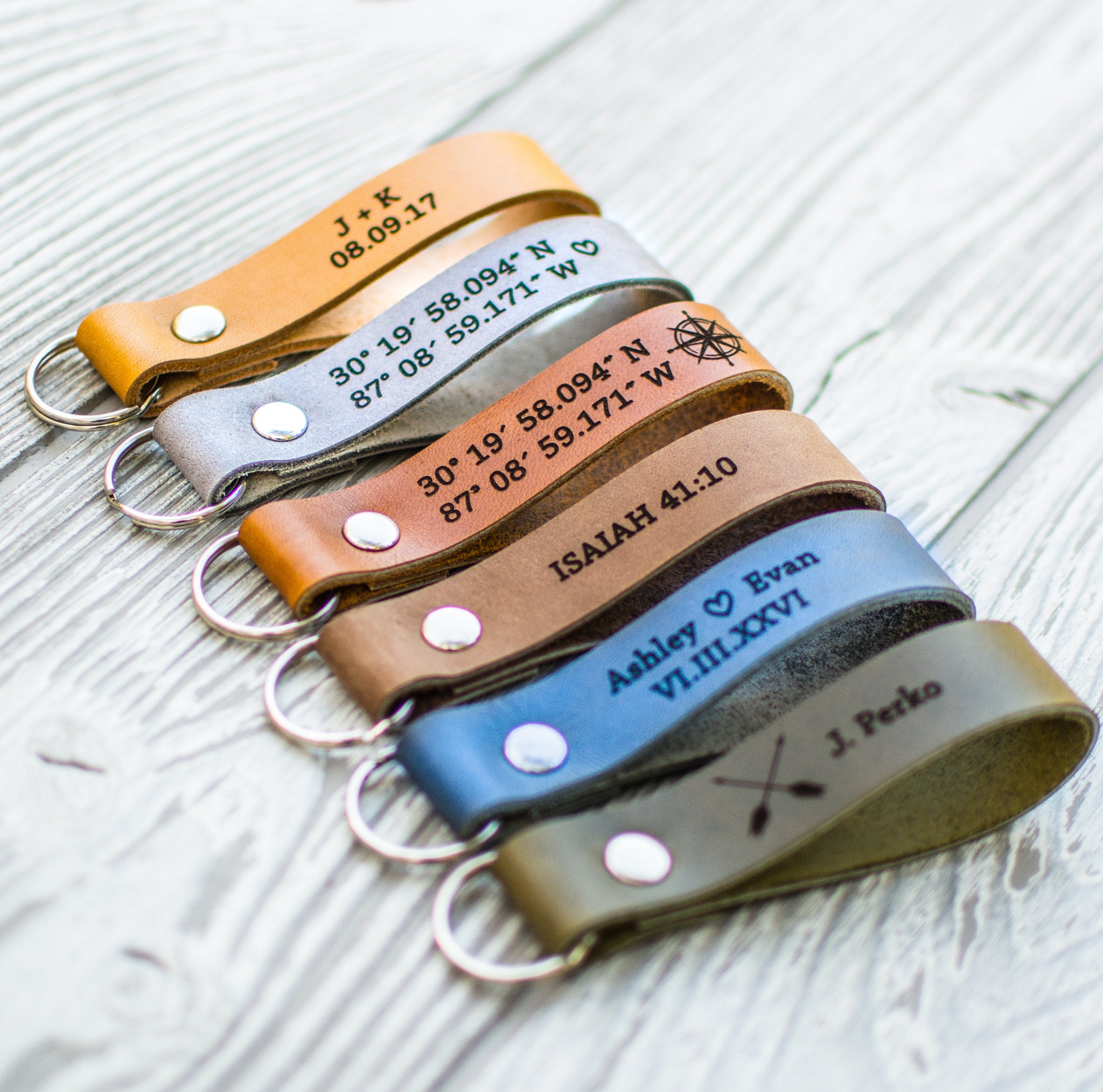 IRONandGRAINusa Personalized Leather Keychain, Custom Leather Key Chain, Mens Gift, Gift for A Wife, Unique Gift, 3 Year Anniversary, Coordinates Key Chain