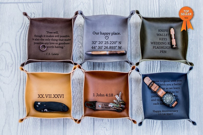 Custom Leather Valet Tray Gift For Men Mens Catchall Anniversary Personalized Husband Engraved