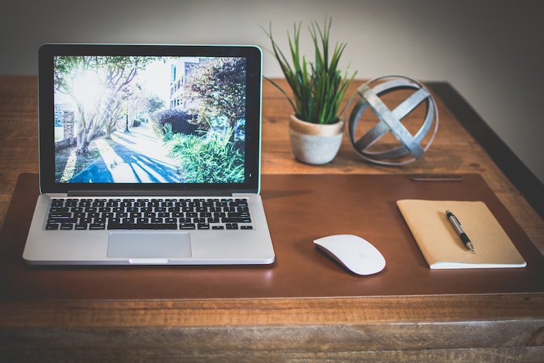 May include: A silver laptop computer with a brown leather desk mat, a white wireless mouse, a small potted plant, a metal orb, a notebook, and a pen on a wooden desk.