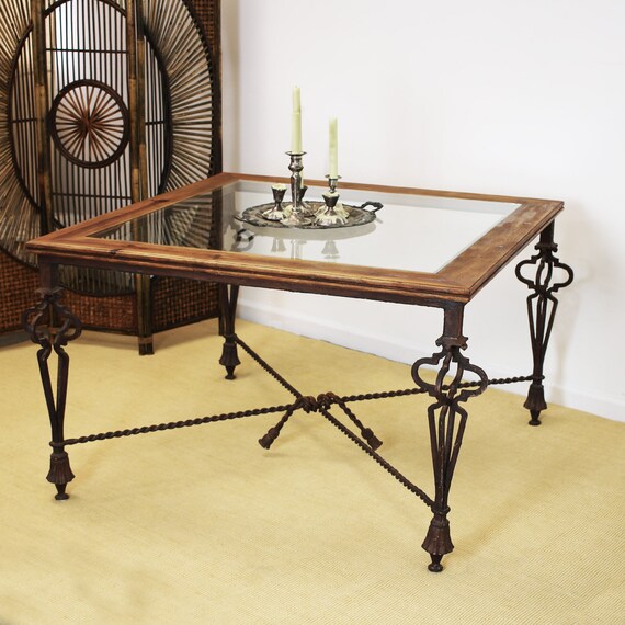 Wrought iron dining table cheap with wood top