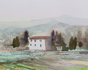 Vintage Watercolor Painting of an Italian Countryside