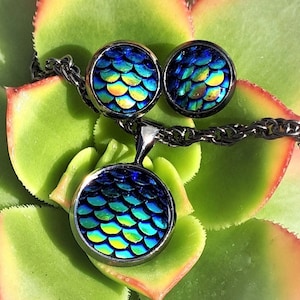 Mermaid Scale dragon scale iridescent earrings and pendant sets in sterling and gunmetal