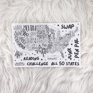 USA Challenge Map Sticker Sheet - All 50 States Reading, Swaps, Pen Pal Tracker, Reading Journal Stickers