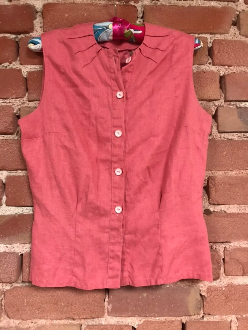 Great Vintage 50/'s-60/'s Button Up Pink Coral Sleeveless Blouse