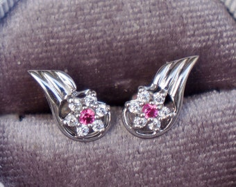 Mini Natural Pinkish Red Spinel Earstuds 925 Sterling Silver Earstuds  Plated in Rhodium Wing Earstuds